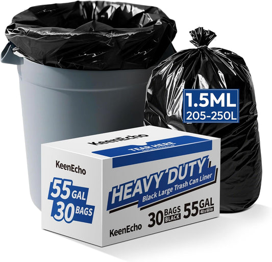 Heavy Duty Contractor Trash Bags 55-60 Gallon, 30 Count, 1.5Mil Extra Thick, Strong Black Garbage Bags, Leakproof Star Seal for Construction, Yard, Demolition Debris