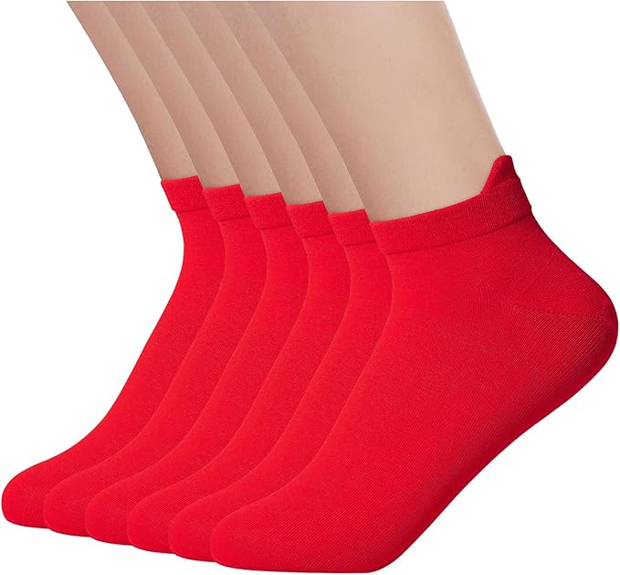 Men's Red Socks Ankle Socks Comfortable White/Black Casual With Heel Tab,Chinese New Year Socks, Size 6-10 (6 pairs)