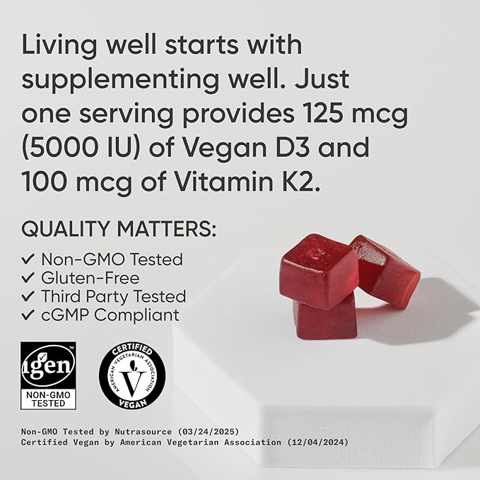 Sports Research® Vegan Vitamin D3 + K2 Gummy Supplements - 5000iu Vitamin D with 100mcg Mk7 Vitamin K - Supports Calcium for Stronger Bones & Immune Health - 60 Gummies for Adults, 1 Month Supply