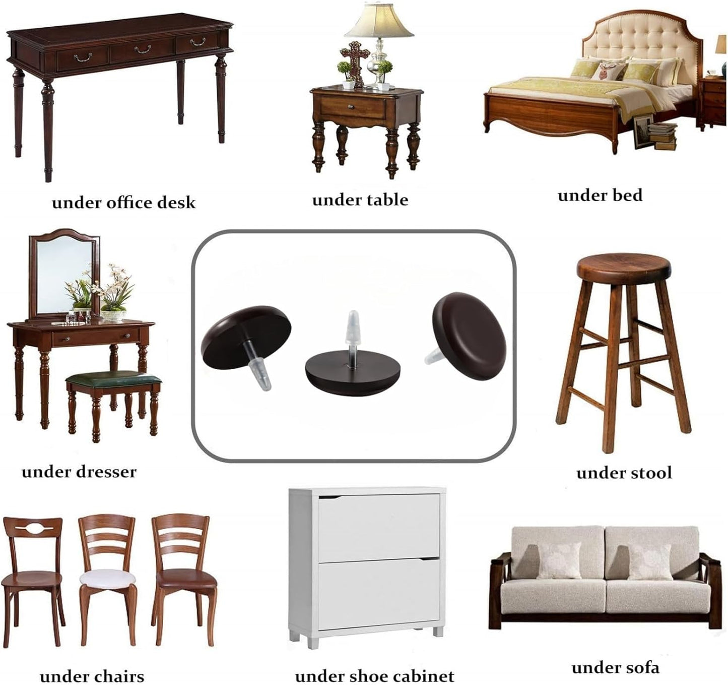 Furniture Glides Sliders-Furnigear PTFE (Teflon) Chair Leg Movers Sliders for Carpet Surface - Move Your Furniture Easy & Safely - Best Floor Protector (7/8" Nail, Brown-24 Pack, not for Wood Floors)