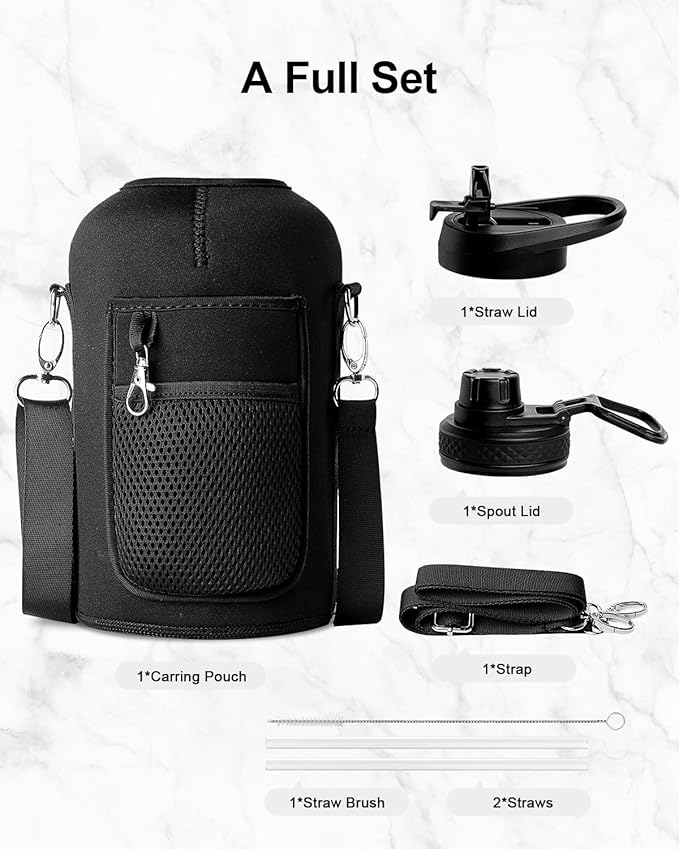 Trebo 64 oz Water Bottle Insulated with Handle, Half Gallon Stainless Steel Metal Large Jug, Travel Flask with Straw Spout Lid, Mug Tumbler Cup with Carry Pouch, Keep Cold Hot, Indigo Black