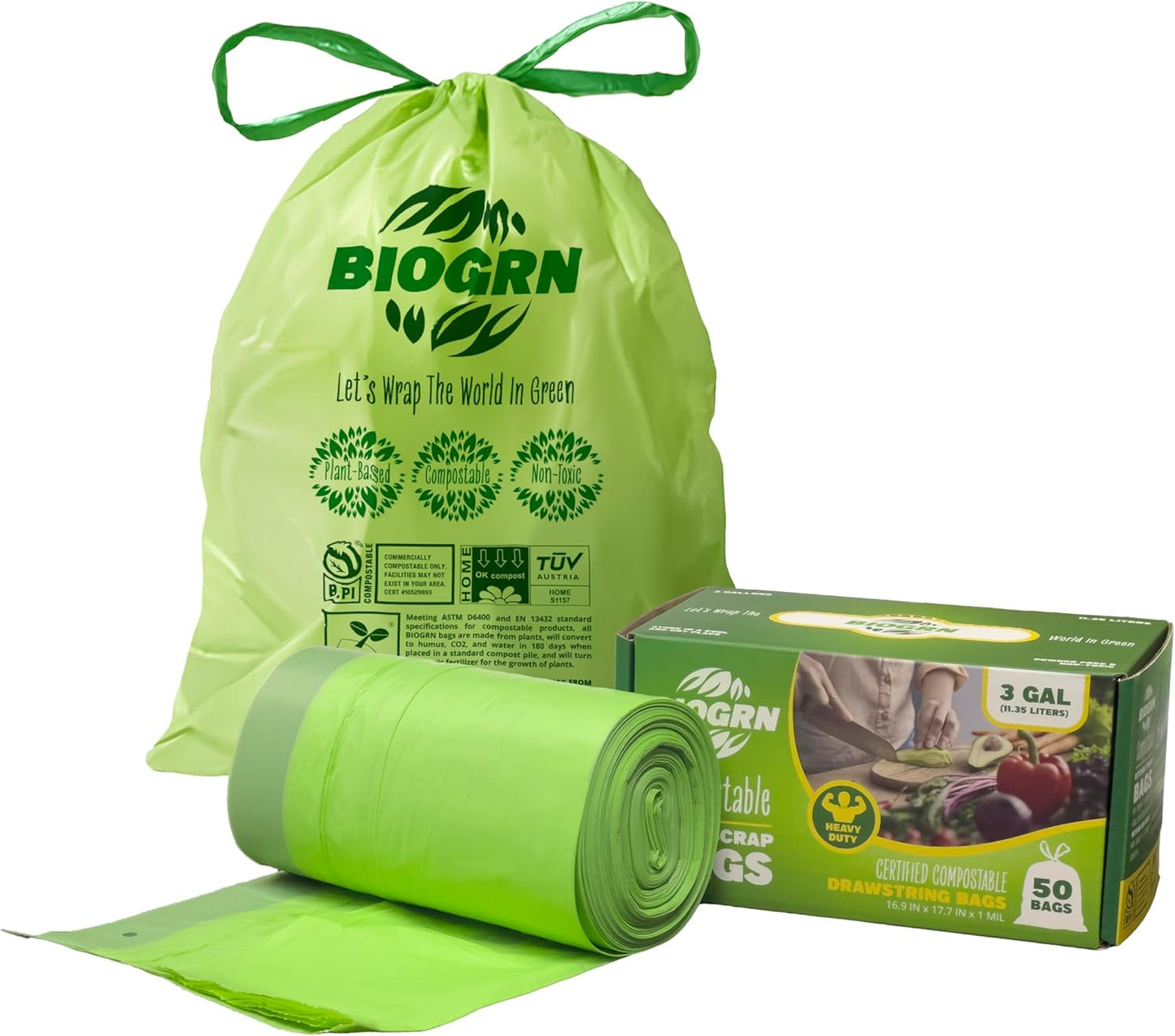 2.6-3 Gallon Compostable Trash Bags Drawstring 50 Bags Extra Thick 1 Mil 11.36 Liter Small Biodegradable Trash Bags for Kitchen Countertop Bin ASTM D6400, US BPI and OK Compost Home Certified