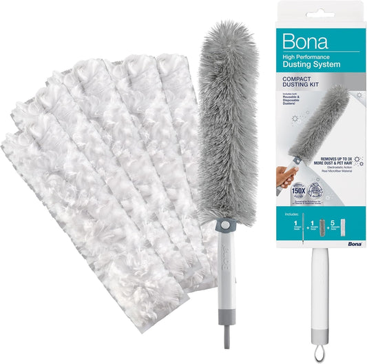 Bona High Performance Dusting System - 1 Compact Handle, 5 Disposable Dusters, & 1 Reusable Duster - Compact Dusting Kit Removes Dust & Pet Hair