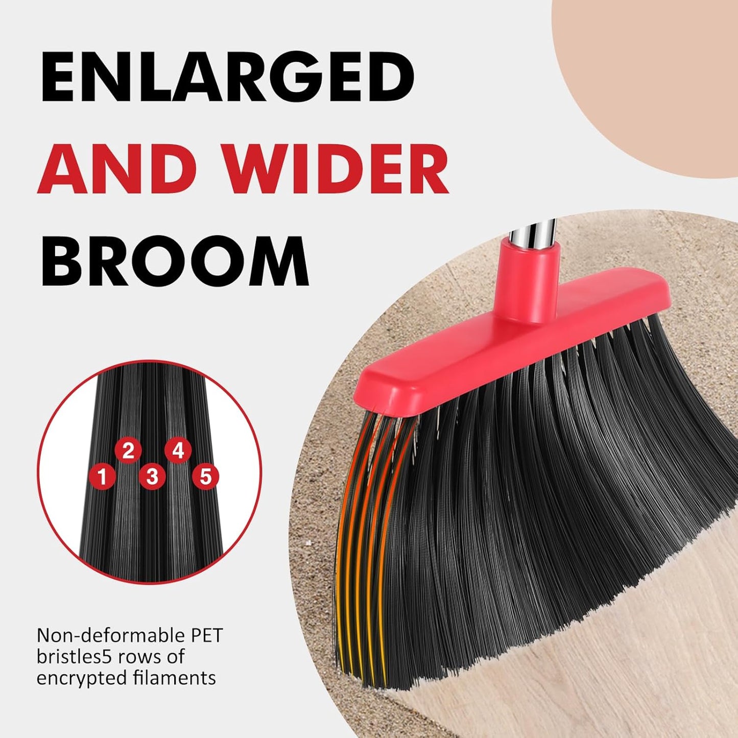 Heavy Duty Broom, 55 Inch Long Handle Outdoor Large Angle Brooms with Holder, Commercial Broom for Sweeping Indoor, for Home Garage Kitchen Office Courtyard Lobby Patio Lawn Concrete, Black Red