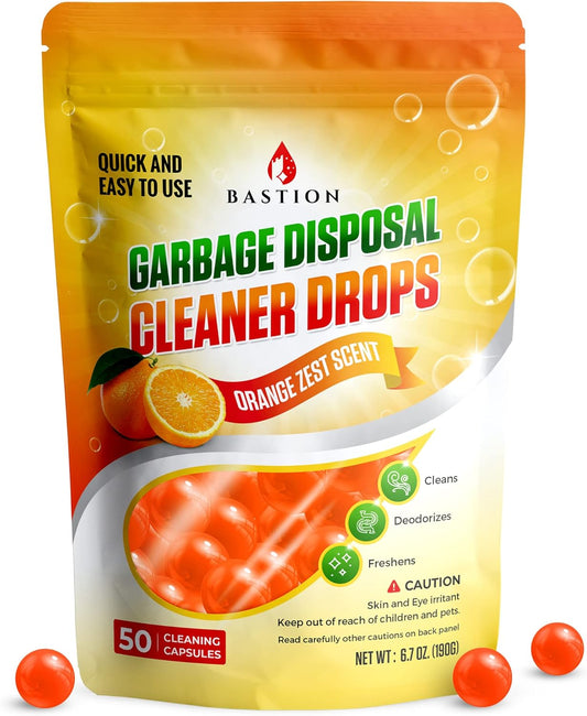 Bastion Garbage Disposal Cleaner and Deodorizer Drops- [[50-Count]] Orange Zest Scented Kitchen Sink Freshener Pods & Drain Odor Eliminator Disposer Care Balls
