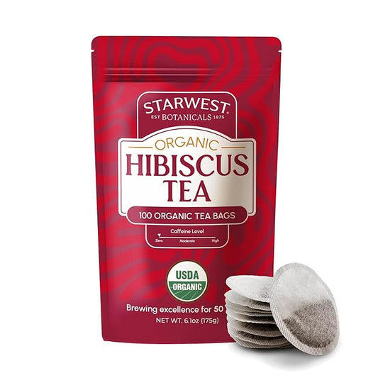 Starwest Botanicals Organic Hibiscus Tea - Caffeine Free Herbal Tea, Tea with Antioxidant Properties, String Free Sachets, USDA Organic Hibiscus Flower, Non GMO - Bulk Pack, 100 Tea Bags