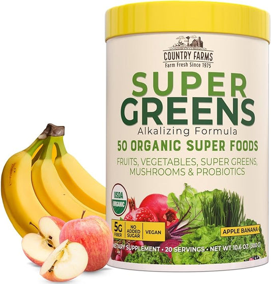 Country Farms Organic Super Greens Apple Banana Flavor, 50 Organic Super Foods, Packed with Fiber, USDA Organic Drink Mix, Fruits, Vegetables, Mushrooms & Probiotics, Supports Energy, 5g Fiber