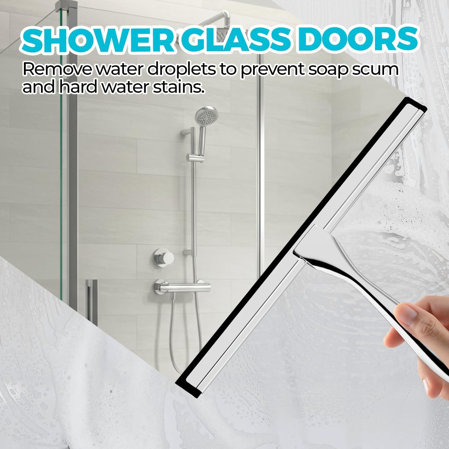 2PACK Shower Squeegee for Glass Doors, Squeegee for Shower Glass，All-Purpose Tile Walls, Bathroom, Window, Glass and Car Windshield, Mirrors and Kitchen-Stainless Steel, 10 Inches, Silver