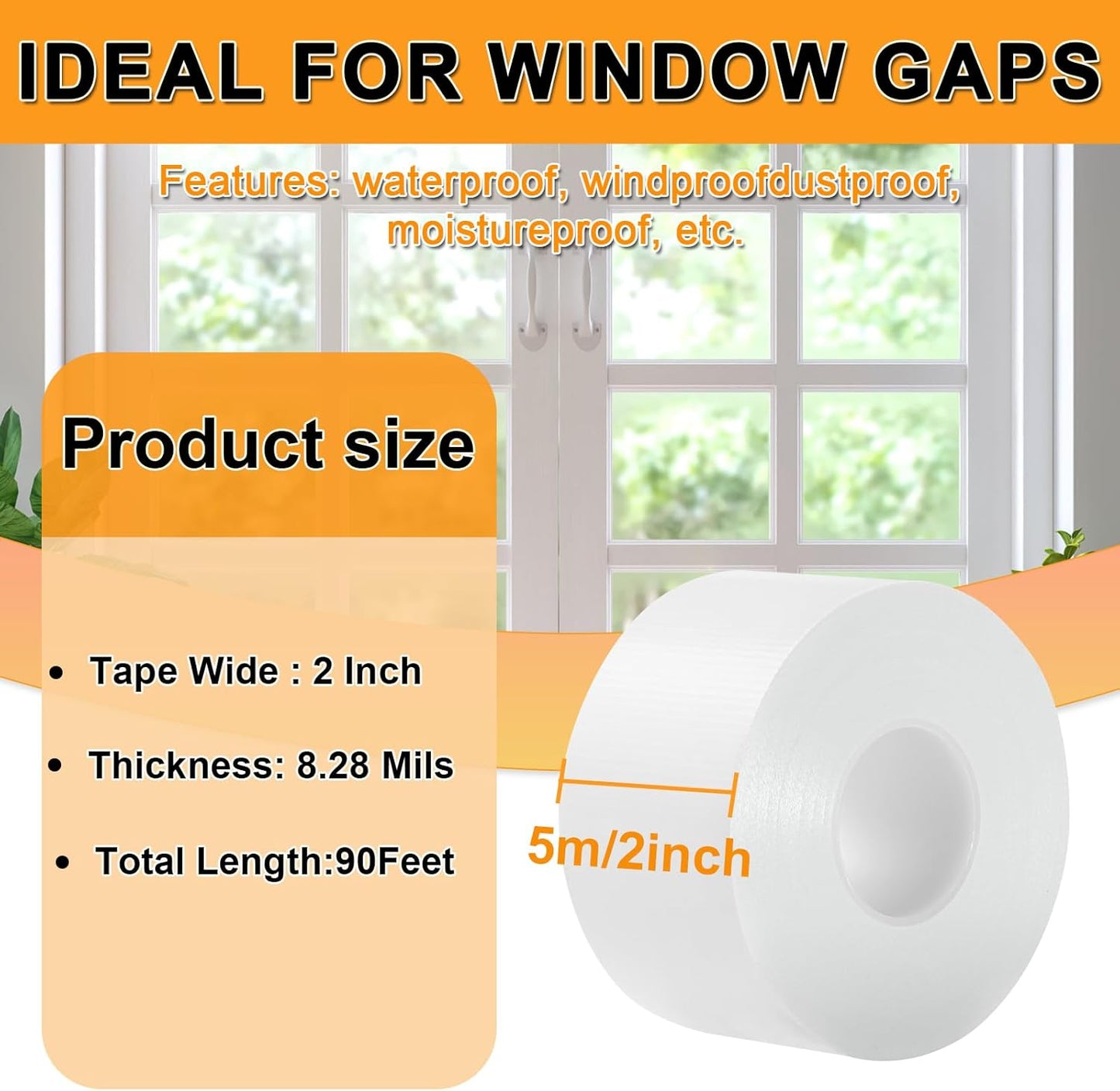 Window Weather Sealing Tape 2 Inch x 90 FT Weather Stripping Residue-Free Window Seal Insulation Tape for Doors Windows and Shower Glass Gaps White