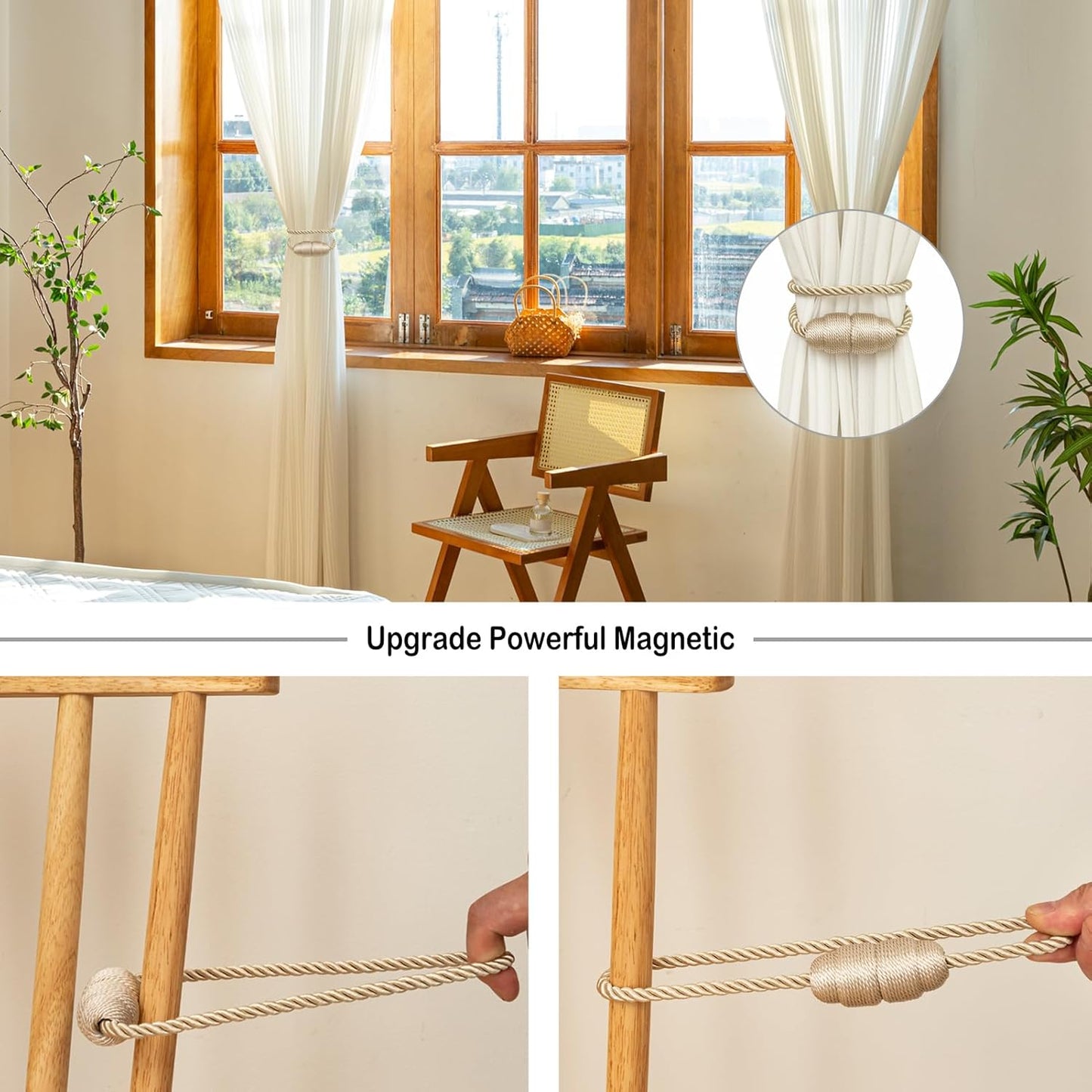 Magnetic Curtain Tiebacks Rope Curtain Tie Backs for Curtains 8 Pack Curtain Holders for Drapes Decorative Window Curtain Holdbacks, Beige