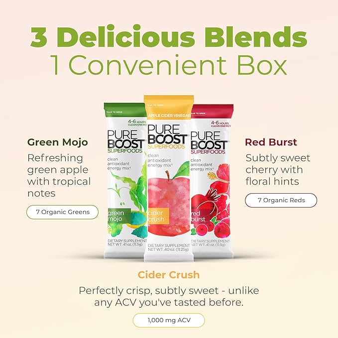 Pureboost Superfoods Clean Energy Booster, Energy Drink Mix with Apple Cider Vinegar, 7 Organic Red or Green Superfoods. Sugar-Free, No Sucralose, Electrolytes (Combo Pack, 30 Count)
