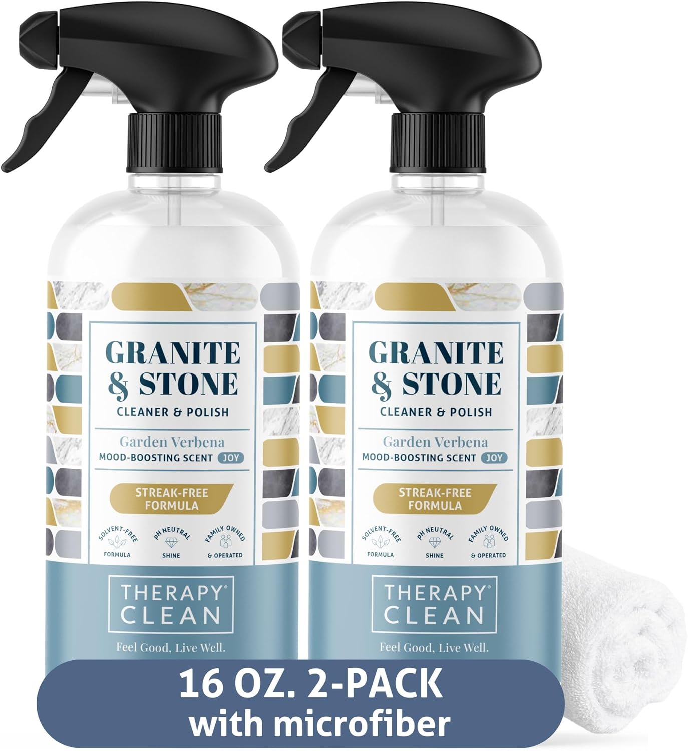Therapy Granite Countertop Cleaner & Polish (2 Pack - With Microfiber) - pH Neutral, Marble Cleaner, Soapstone, Quartz, Stone, Quartzite, Slate, Limestone, Corian, Laminate