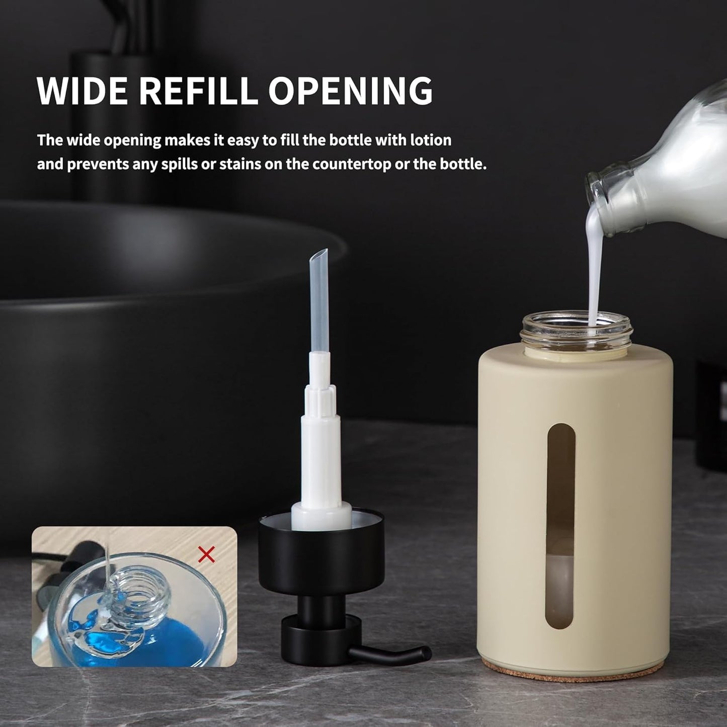 Enra Thick Glass Foaming Soap Dispenser with Clear Window,12oz Bathroom Soap Dispenser with Stainless Steel Pump, Modern Boho Refillable Pump Bottle for Bathroom Kitchen (Beige/Foam Type)