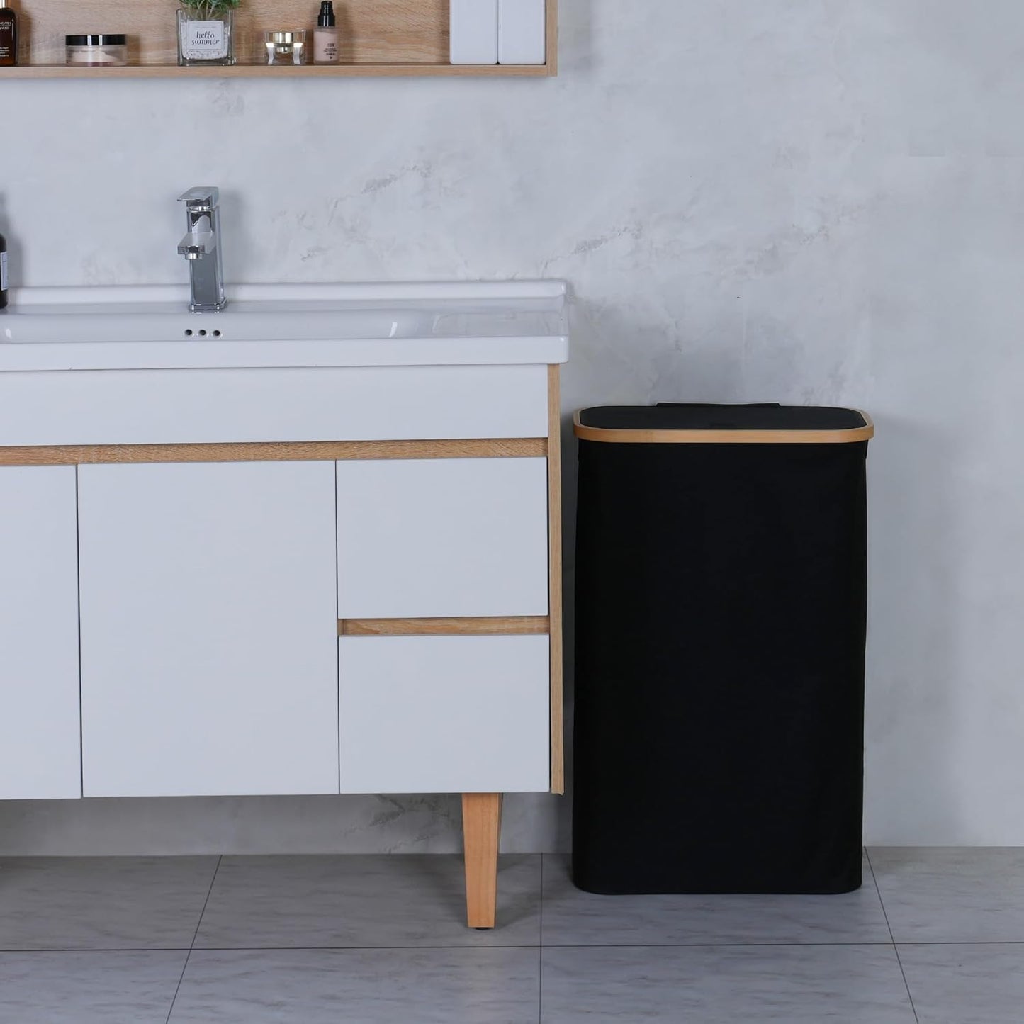 60L Slim Laundry Hamper,Laundry Basket with Lid,Tall Hamper for Laundry,Dirty Cloth Hamper with Bamboo Handle for Toys,Towels, Clothes Organizing,Black