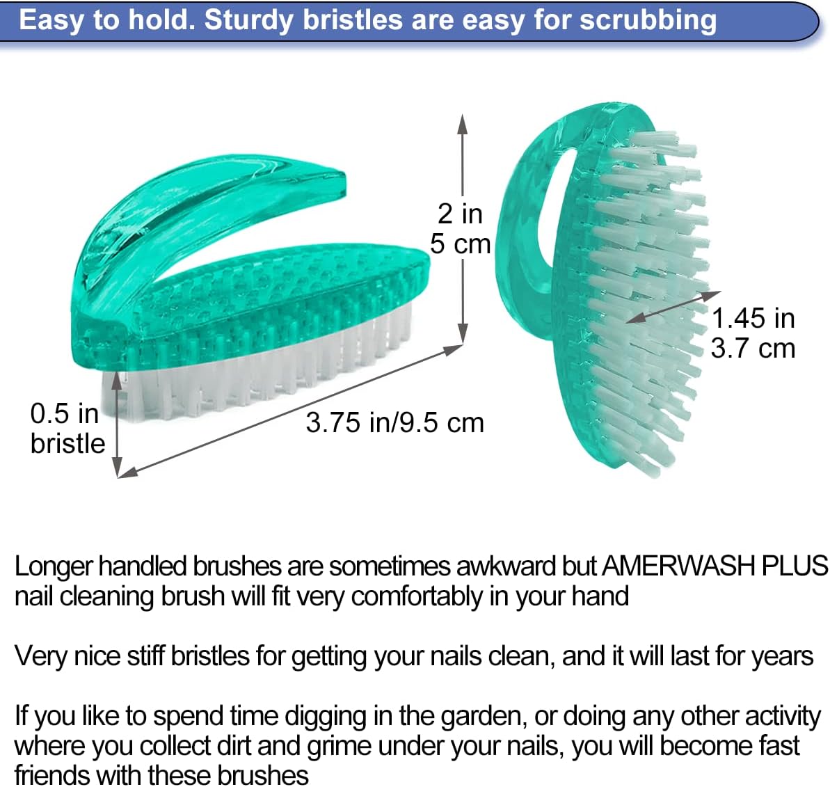 Handle Grip Nail Brush for Cleaning Fingernails Hands & Under Nails, Stiff Bristle Mechanic Scrub Brush Cleaner for Men Women, Pedicure Scrubbing Tool Kit - 4 Green