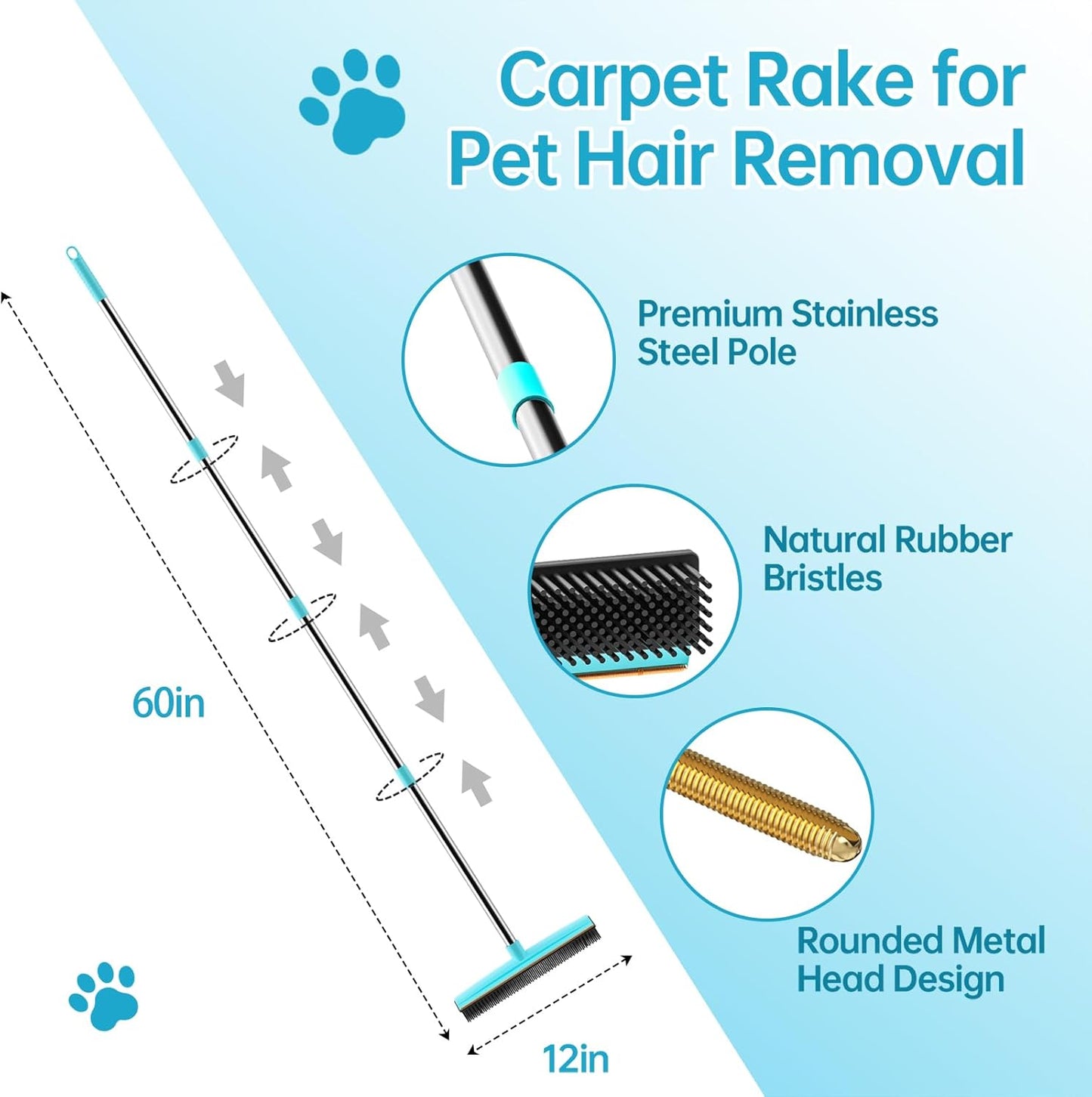 Carpet Rake - 60" Long Handle Pet Hair Removal with Metal Fabric Edge Design,Carpet Rake for Pet Hair Removal, Dog Cat Fur Remover Rubber Broom,Rug,Car Mat,Couch,Pet Bed,Furniture(4 Pack)