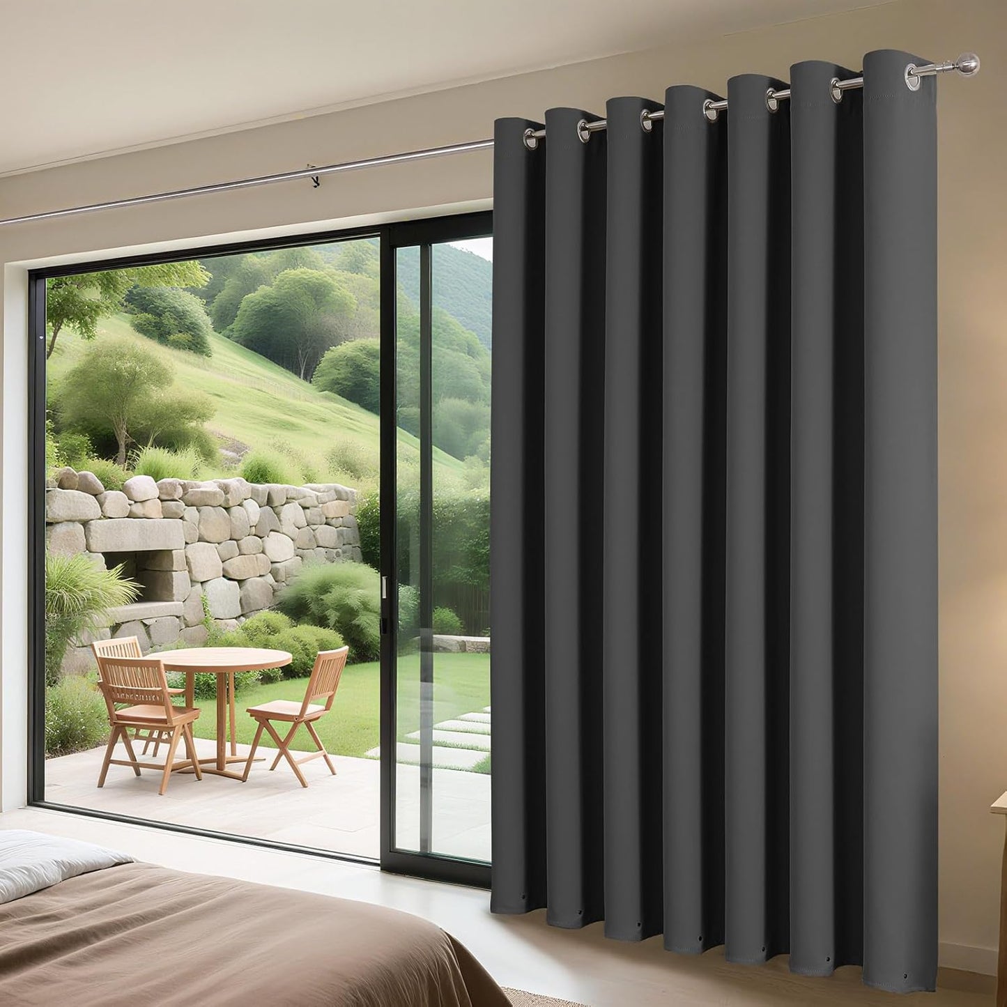Joydeco Blackout Patio Sliding Door Curtains 96 Inches Long, Grommet Privacy Room Divider Curtains, Extra Wide Thermal Blackout Drapes for Bedroom Living Room (Grey, 70Wx96L, 1 Panel)