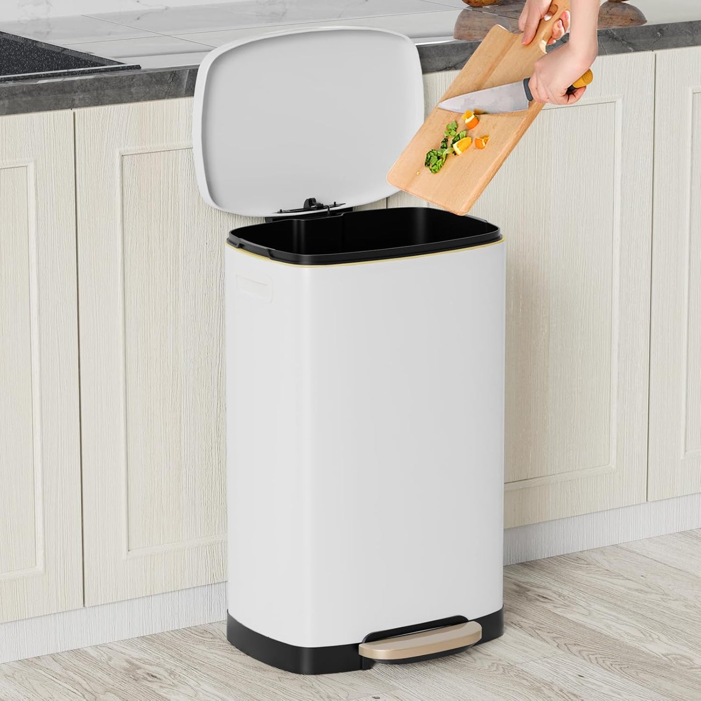 13 Gallon Trash Can with Lid, 50L Fingerprint Proof Stainless Steel Kitchen Trash Can with Removable Inner Bucket and Lid Soft Close, Pedal Rubbish Bin for Home Office, White