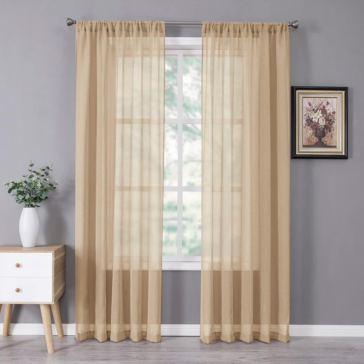 Tollpiz Sheer Curtain Linen Textured Living Room Curtains Sheer Light Filtering Rod Pocket Voile Curtain for Bedroom, 54 x 72 inches Long, Beige, Set of 2 Panels