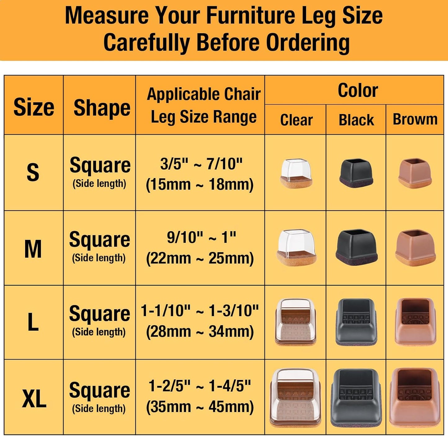 16 Pcs Chair Leg Floor Protectors Square, Silicone Chair Leg Protectors for Hardwood Floors, Chair Leg Caps Covers Protect Wooden Floors from Scratching, Thick, Won't Tear (Fit: 1-1/10" - 1-3/10")
