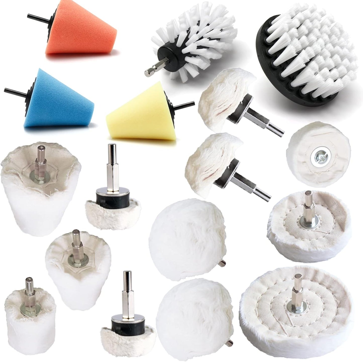 Polishing Pad Buffing Wheel Kit 17 Pack, for Drill for Metal Aluminum Stainless Steel Chrome Wood Plastic Ceramic Glass Woods Fabric Cotton Machine Jewelry etc