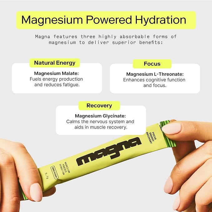 MAGNA Electrolyte Powder Drink Mix for Hydration, Energy & Focus Support with Magnesium L Threonate, Malate & Glycinate, Sodium, Potassium, Vitamin D, B6 & B12, Tea Lemonade Flavor, 14 Servings