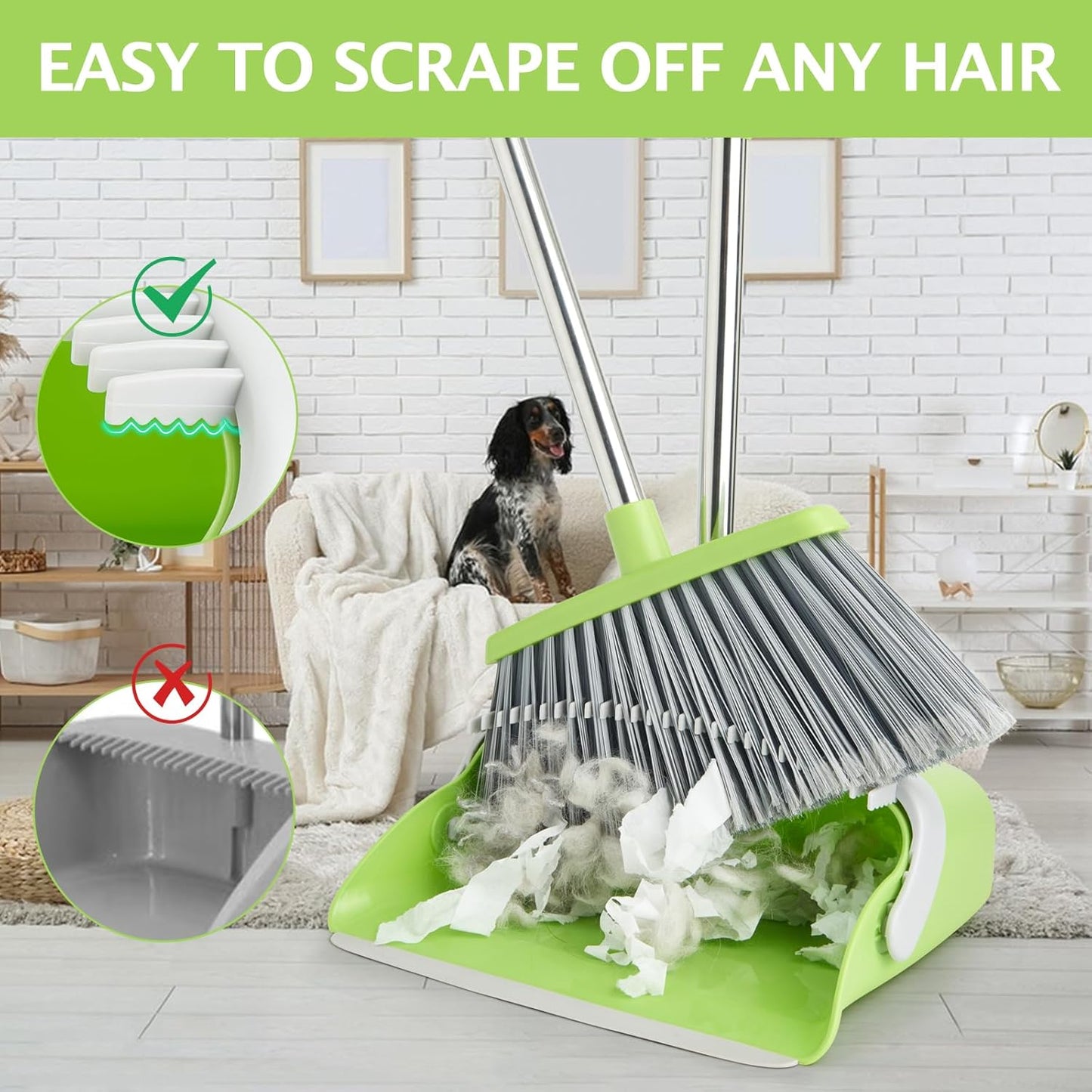 Broom and Dustpan Set, Dustpans with Broom Combo for Home, Heavy Dust Broom and Dustpan Combo, Long Handle Dust Pan and Broom Set for Kitchen, Office, Pet Hair(Gray Green)