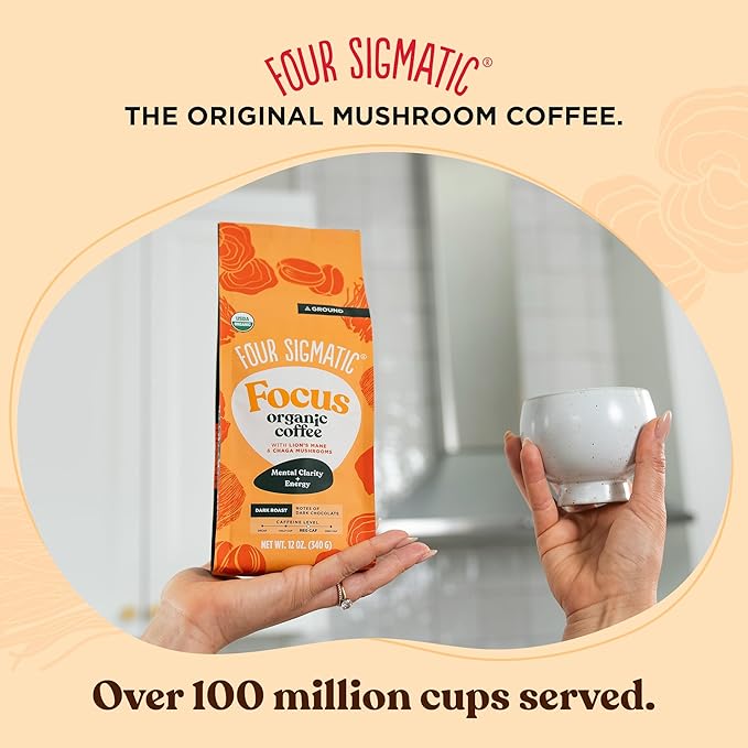 Four Sigmatic Focus Mushroom Coffee | Organic Ground Coffee with Lion's Mane Mushroom and Chaga for Better Focus and Immune Support | 12oz Bag