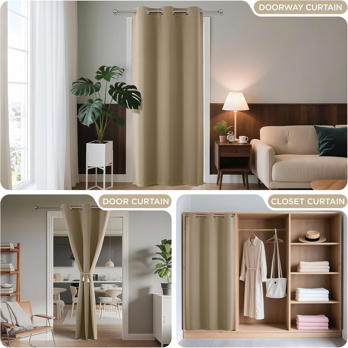 Joydeco Blackout Door Curtain for Doorway Privacy 90 Inches Long, Grommet Closet Curtain for Open Closet, Room Divider for Bedroom Living Room (Light Beige, 52Wx90L, 1 Panel)