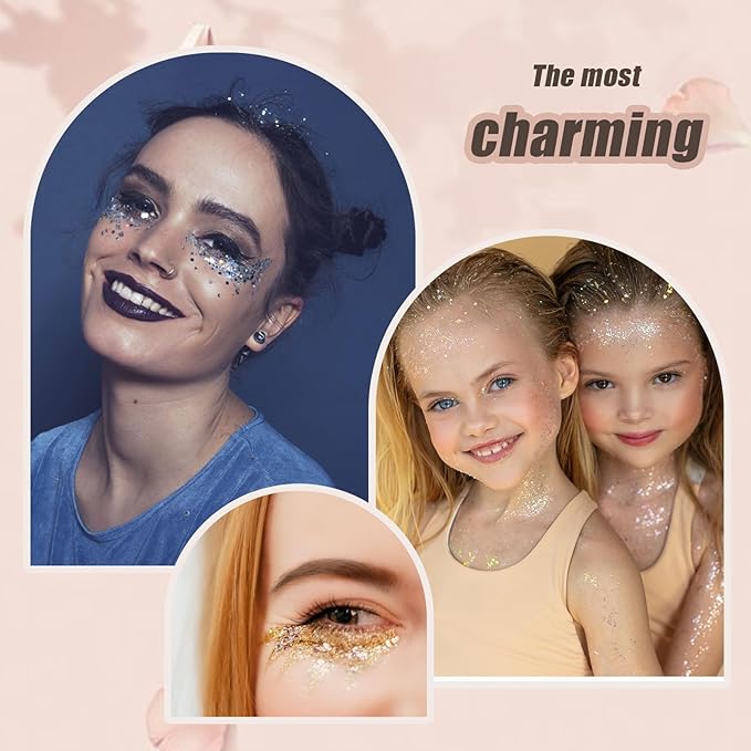 Face Body Glitter, Hair Glitter Sparkles Chunky Face Glitter Gel for Girls Makeup Singer Concerts Mermaid Festival Sequins Face Paint (White+Silver+Pink+Red+Green)
