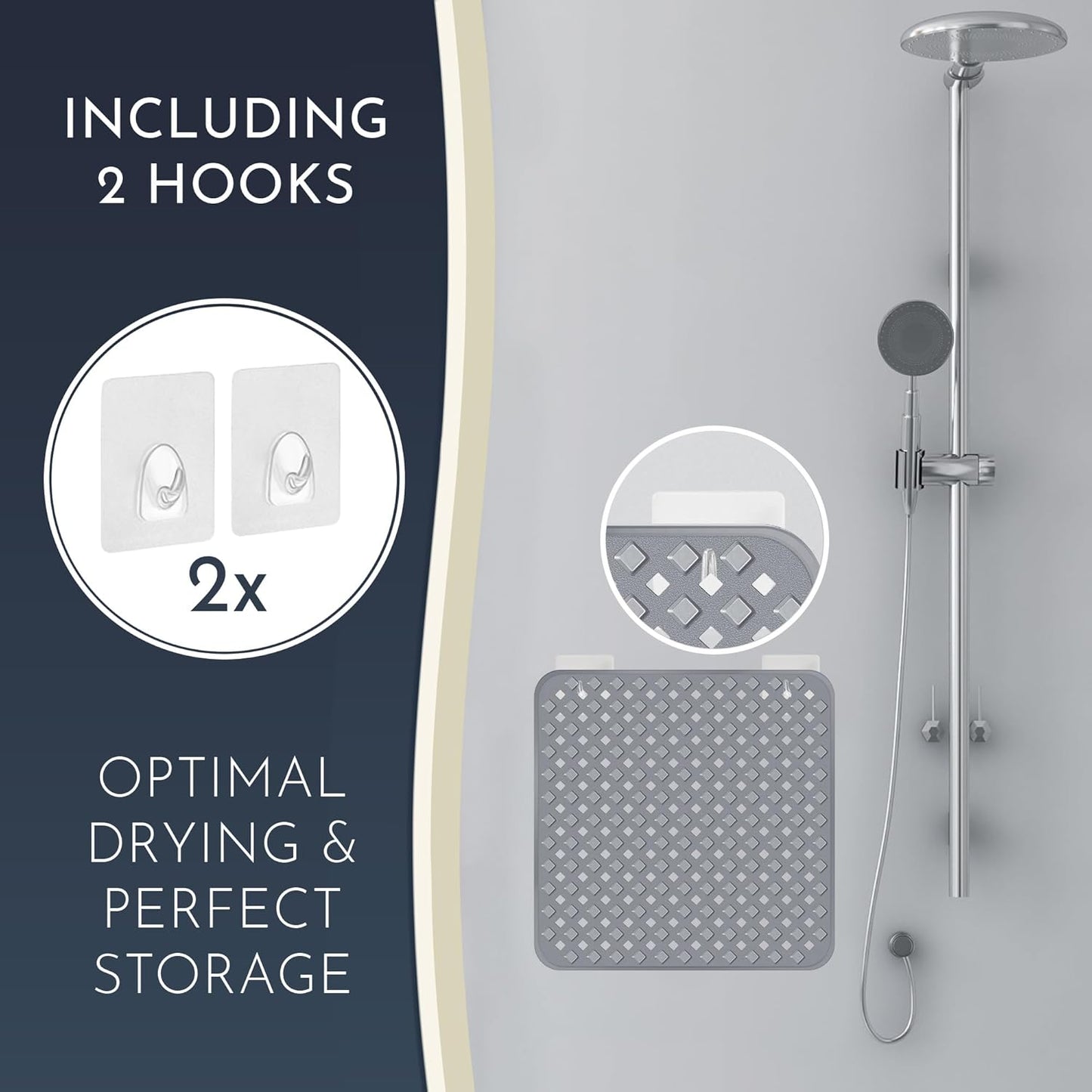 Homerella Anti Slip Shower Mat | Anti Mold Non Slip Bathtub Mat for Inside Shower | Square Floor Shower Mat 21 x 21 inch with Suction Cups for Grip & Hooks Hanging and Quick Drying | Machine Washable