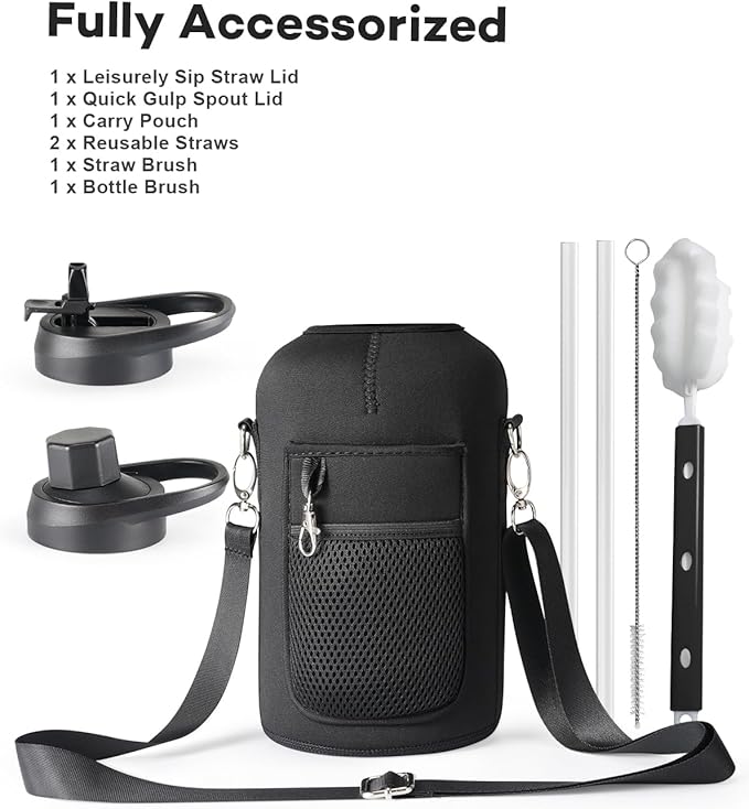 64oz Water Bottle Insulated with Handle,Double-Wall Vacuum Stainless Steel (Cold for 48 Hrs), Half Gallon Water Jugs,Reusable Metal Water Flask with Carry Pouch,Straw & Spout Lid,Indigo Black