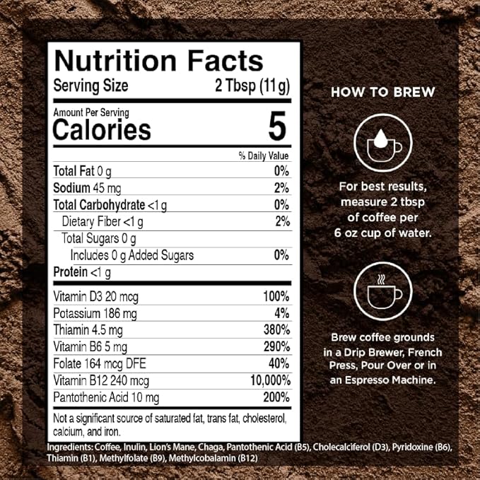 VitaCup Focus Mushroom Coffee Grounds, with Lions Mane, Chaga, B Vitamins, D3, Boost Focus, Immunity, Memory & Clarity, Medium Dark Roast, Bold & Smooth 100% Arabica Specialty, 6 bags, 10oz each