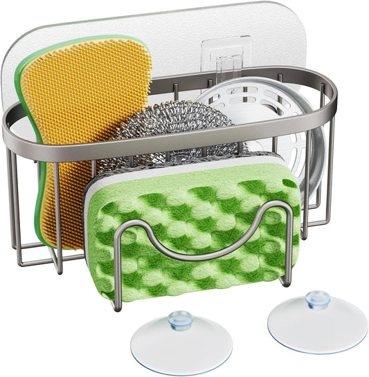 HapiRm Multifunctional Kitchen Sponge Holder with Unique M-Shaped, 2 Installation Ways Sink Caddy, Stainless Steel Kitchen Organizer for Sponge, Brush, Sink Stopper and Scraper -Brushed Nickel