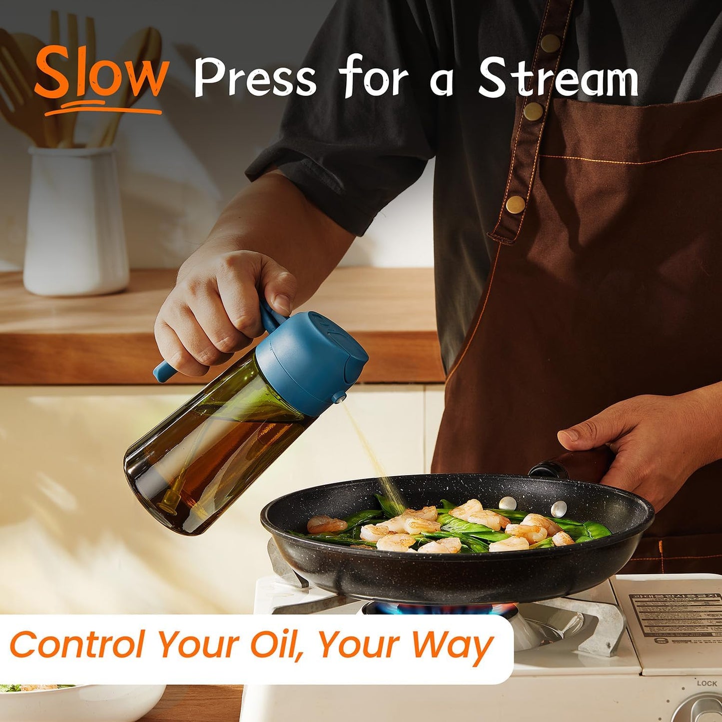 TrendPlain - Original 16oz/470ml Olive Oil Dispenser Bottle for Kitchen Gadgets and Air Fryer Accessories - Olive Oil Sprayer for Cooking w/Stickers - Black&Navy