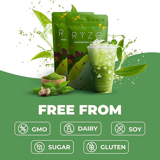 RYZE SUPERFOODS Mushroom Matcha Starter Kit, USDA Organic with 6 Adaptogenic Mushrooms and Ceremonial-Grade Matcha, Energy, Focus, Digestion, Immunity with Turkey Tail, Shiitake, Reishi, 60 servings