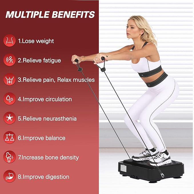 soges Vibration Plate Exercise Machine with Resistance Bands, Vibrating Plate for Lymphatic Drainage, Whole Body Vibrate Equipment, Weight Loss Home Fitness Workout, Black