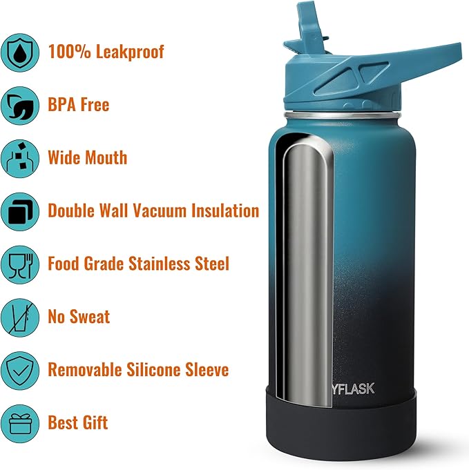 40oz Insulated Water Bottle with Straw, Stainless Steel Metal Vacuum Water Flask, Large Thermal Water bottle with Leakproof 3 Lids for Travel, Camping, Gym Sports Indigo Black