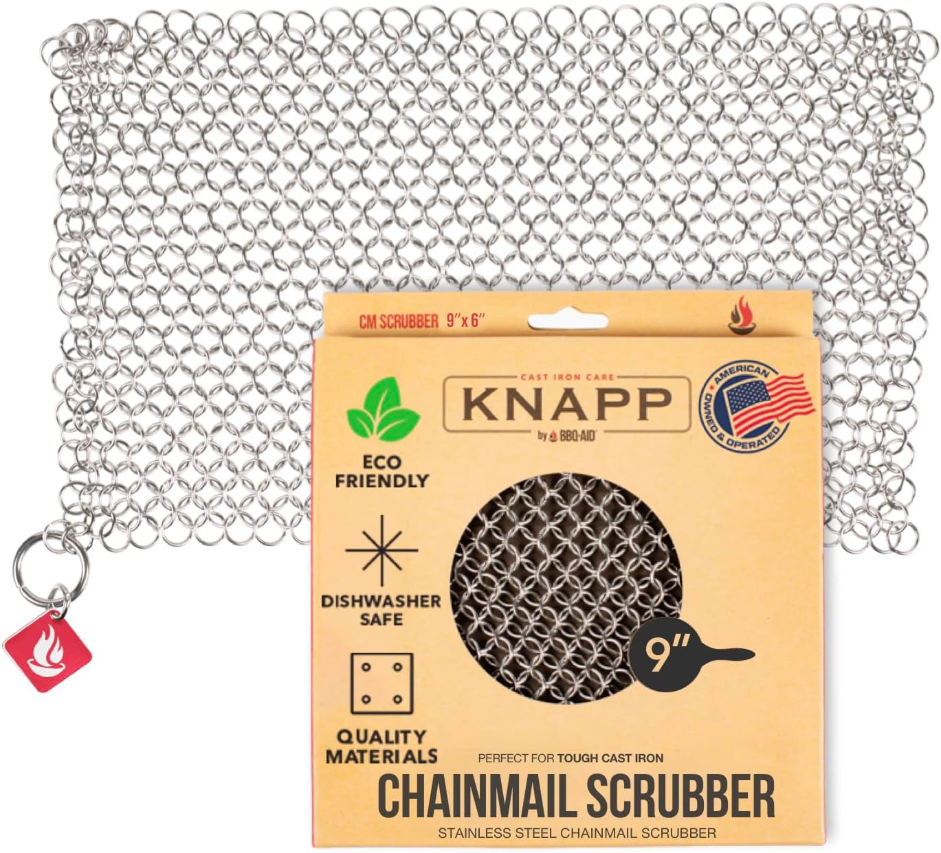 Knapp Made CM Scrubber 9"x6" Small Ring Cast Iron Scrubber - Cast Iron Cleaner for Hard Anodized Cookware, Pre-Seasoned Pans, Dutch Ovens, Iron Pans, Grills and Skillet. Chain Mail Scrubber Cast Iron