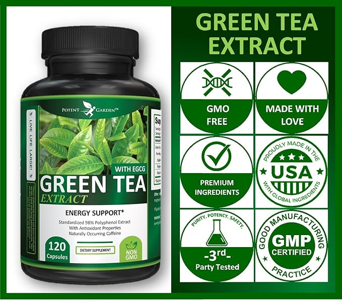 Potent Garden Green Tea Extract with EGCG Natural Energy, Mental Focus, Immune Support, Antioxidant and Healthy Heart Formula, Non-GMO 120 Green Tea Extract Capsules