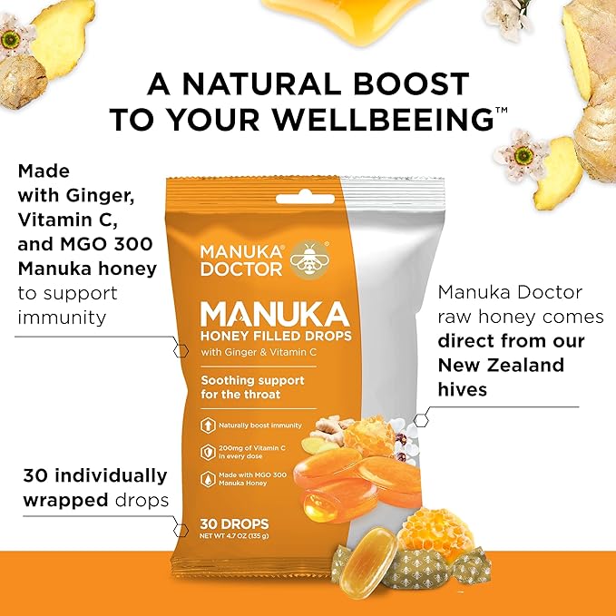 Manuka Doctor Cough Drops, Manuka Middles, 30 Drops (Pack of 1) Bag Throat Lozenges Infused with Raw Manuka Honey, Vitamin C & Ginger for Immune Support, Helps Soothe Sore Throat