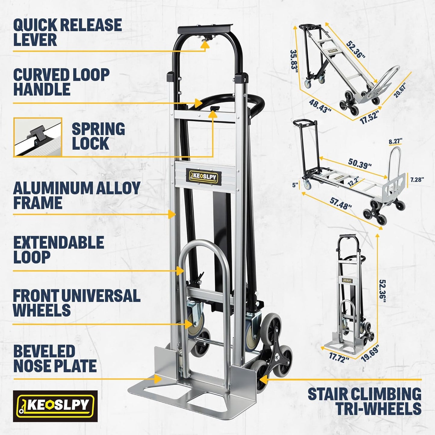 3 in 1 Industrial Convertible Hand Truck, 1000 LBS Capacity Heavy Duty Platform Cart, Utility Aluminum Collapsible Dolly with Stair Climbing Wheels and Dual Handles for Transport, Moving