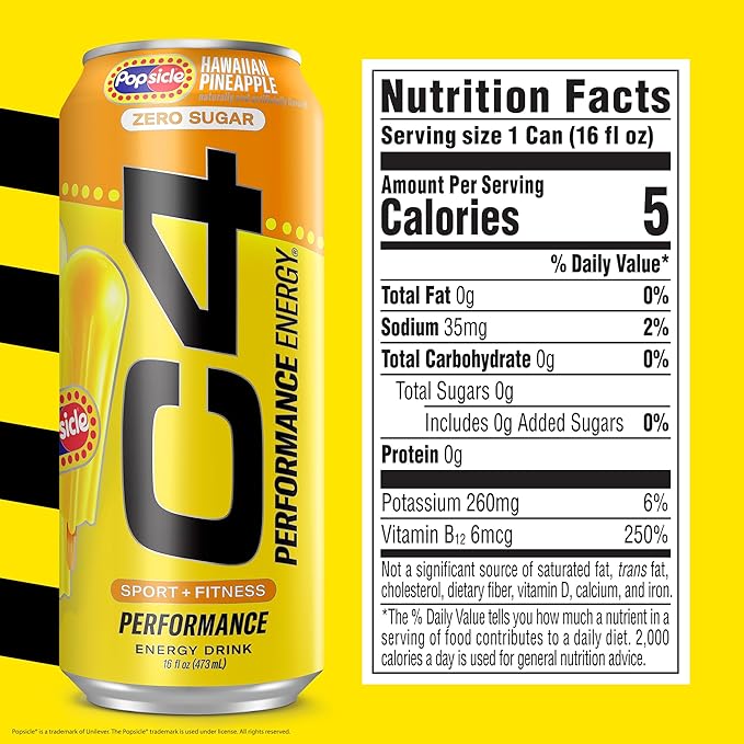 Cellucor C4 Energy Drink x Hawaiian Pineapple Popsicle, Carbonated Sugar Free Pre Workout Performance Drink with no Artificial Colors or Dyes, 16 Oz, Pack of 12