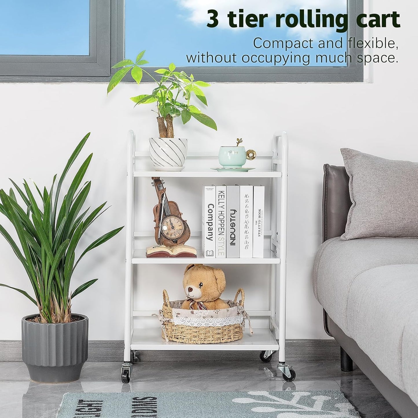 HDANI 3 Tier Rolling Cart Shelves,Heavy Duty Multifunctional Metal Frame-Supports 22 Lbs Per Tier,Rolling Cart with 2 Lockable Wheels for Home, Office,Kitchen,Bathroom,Bedroom(White)…