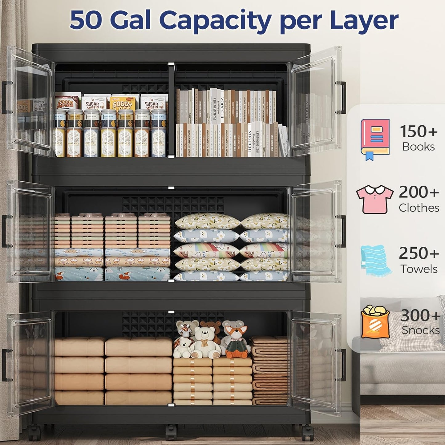 150GAL Extra Large Storage Bins with Lid, 600Qt Stackable Closet Organizers and Drawers, Collapsible Storage Bins with Wheels, Folding Storages Cabinet for Home Bedroom Office, 3Pack Black