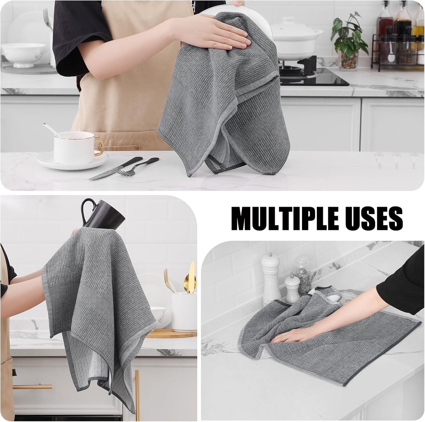 Homaxy Premium Kitchen Towels(18”x 28”, 8 Pack), Large Cotton Kitchen Hand Towels, Flat and Terry Dish Towels, 380 GSM Highly Absorbent Tea Towel Set with Hanging Loop, Grey