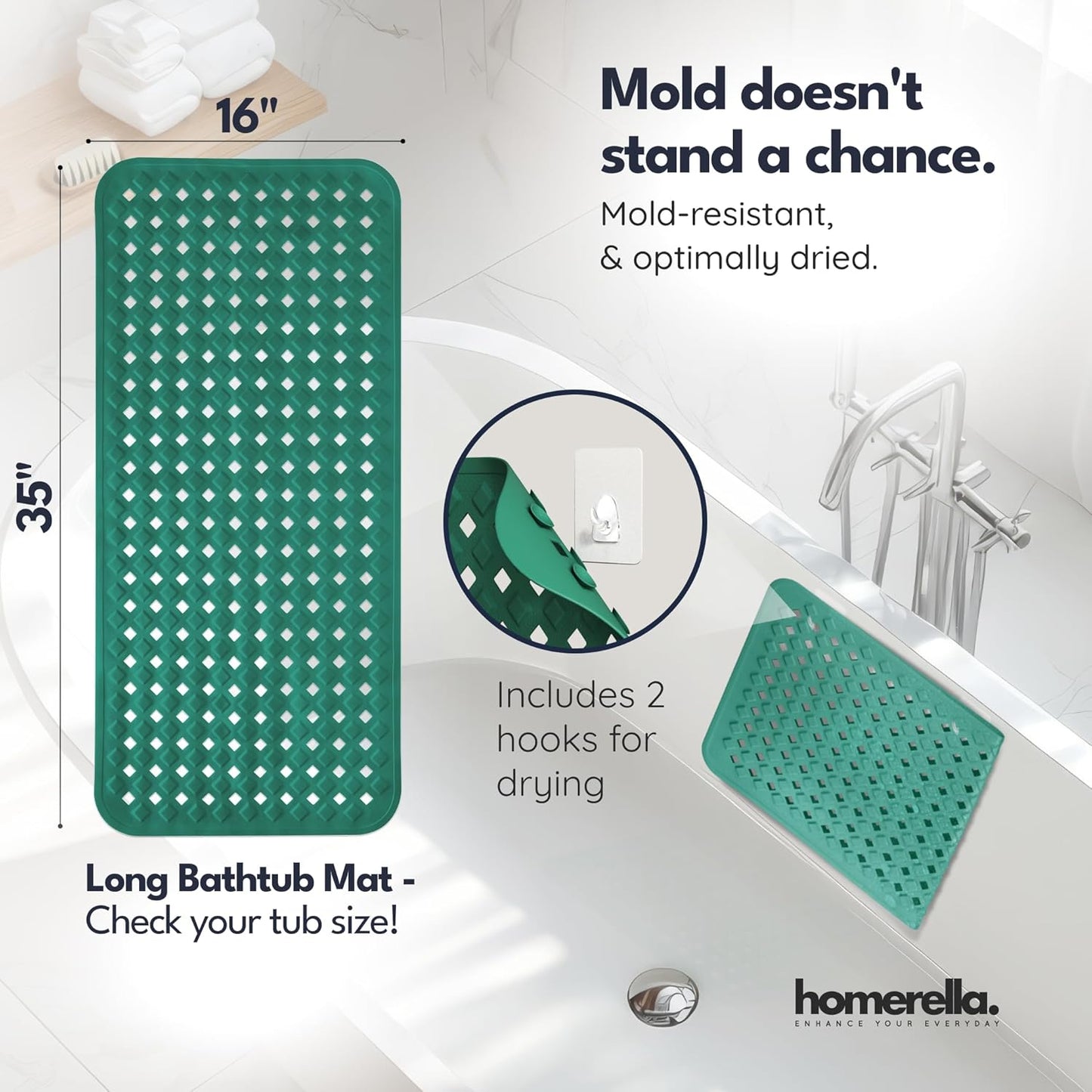 homerella® Bathtub Mat Non Slip 35x16, Incl. Hooks for Drying, Extra Long, 100% BPA Free, Shower Mat Non Slip Anti Mold, Machine Washable, Shower Mats for Inside Shower Mildew Resistant