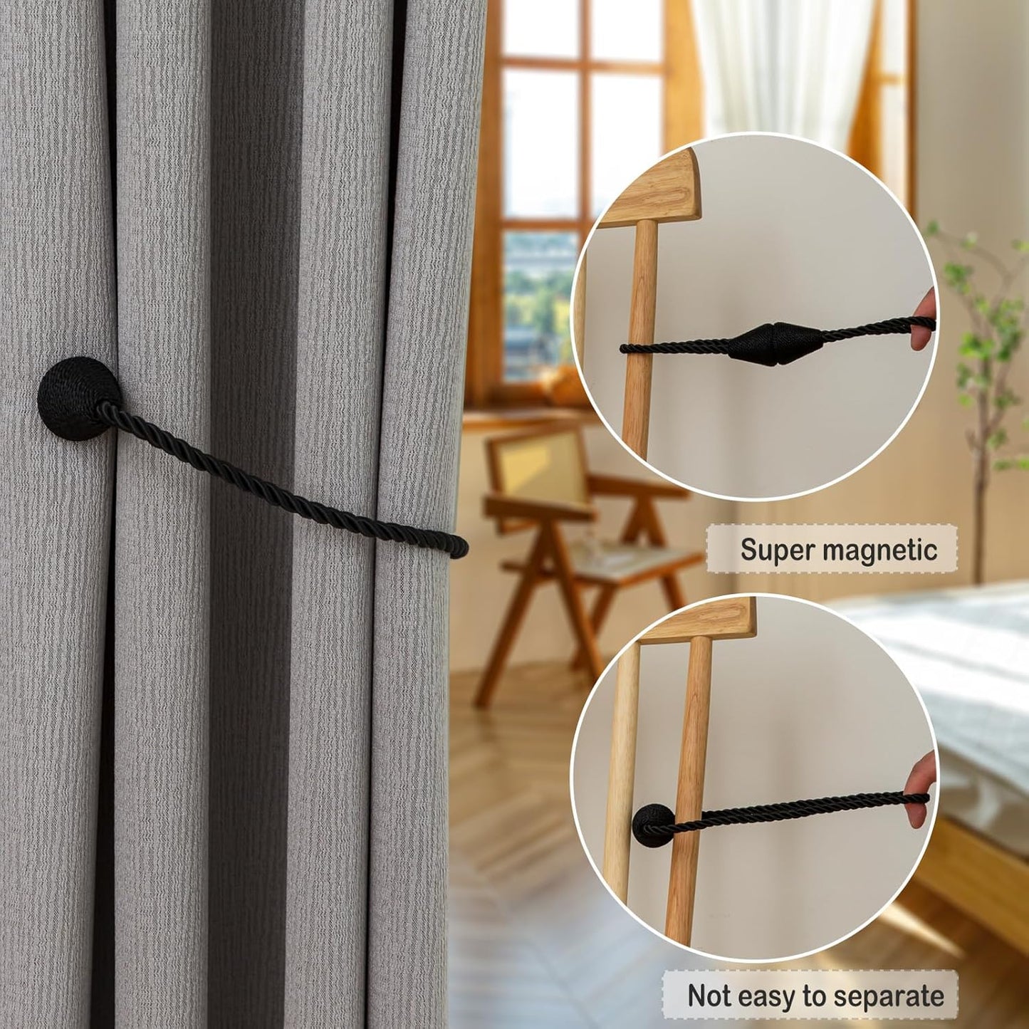 Magnetic Curtain Tiebacks 6 Pack Outdoor Rope Curtain Tie Backs Decorative Window Treatment Holdbacks for Home Decorative Curtain, Black