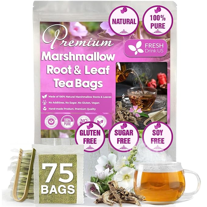 FreshDrinkUS, Premium 75 Marshmallow Root and Leaf Tea Bags, 100% Natural & Pure. Loose Leaf Marshmallow Herbal Tea. Made with Eco-Conscious Tea Bags. No Sugar, No Caffeine, No Gluten, Vegan.