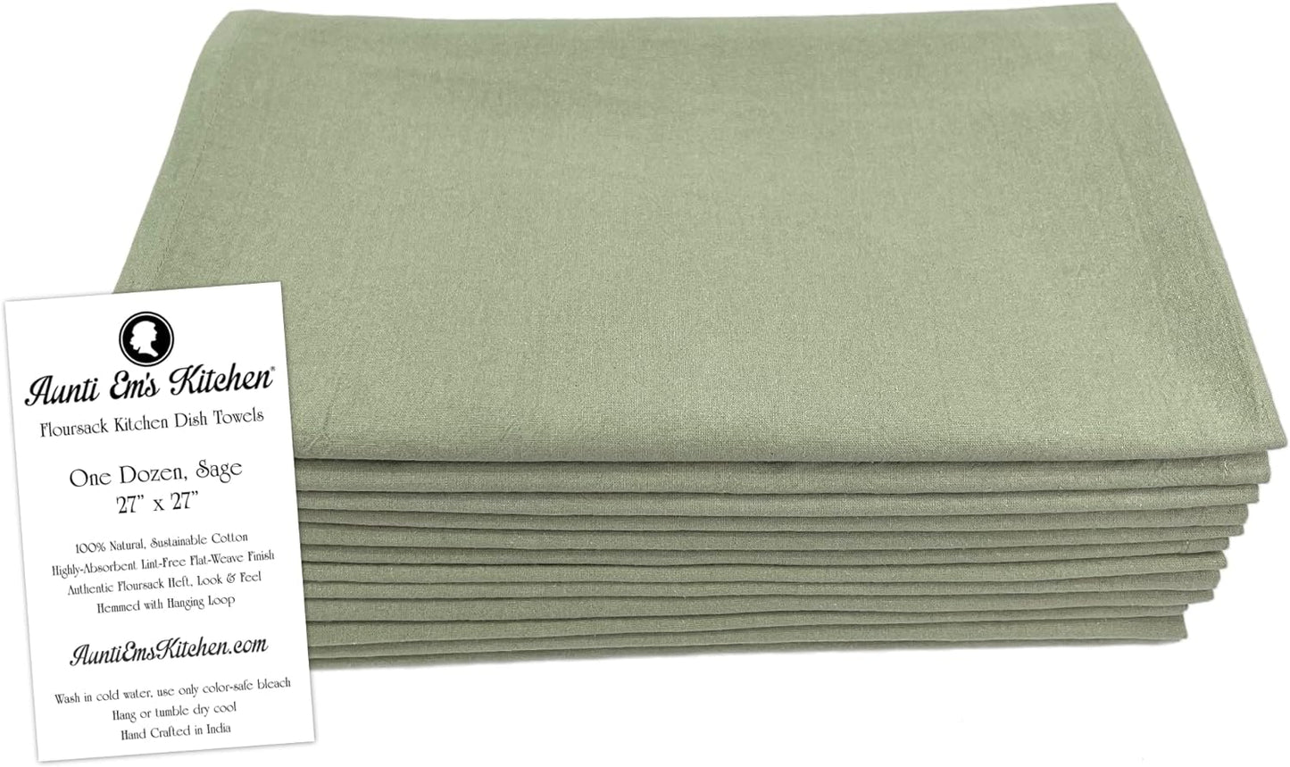 Aunti Em's Kitchen Flour Sack Dish Towels - Natural Cotton for Embroidery and Drying Glass, Hand, Dinnerware - Plain, Thick, Zero-Lint, Highly Absorbent - Set of 12, 27 x 27 Inch, Sage Green
